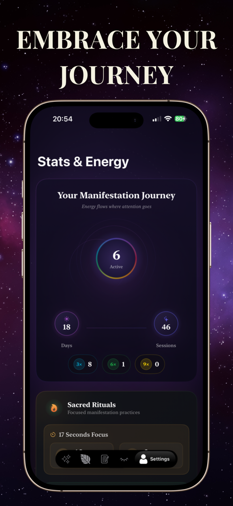 Secret Manifestation Journal - Dashboard der Manifestationsjournal-App, das Statistiken über aktive Rituale und den Fortschritt der Reise anzeigt