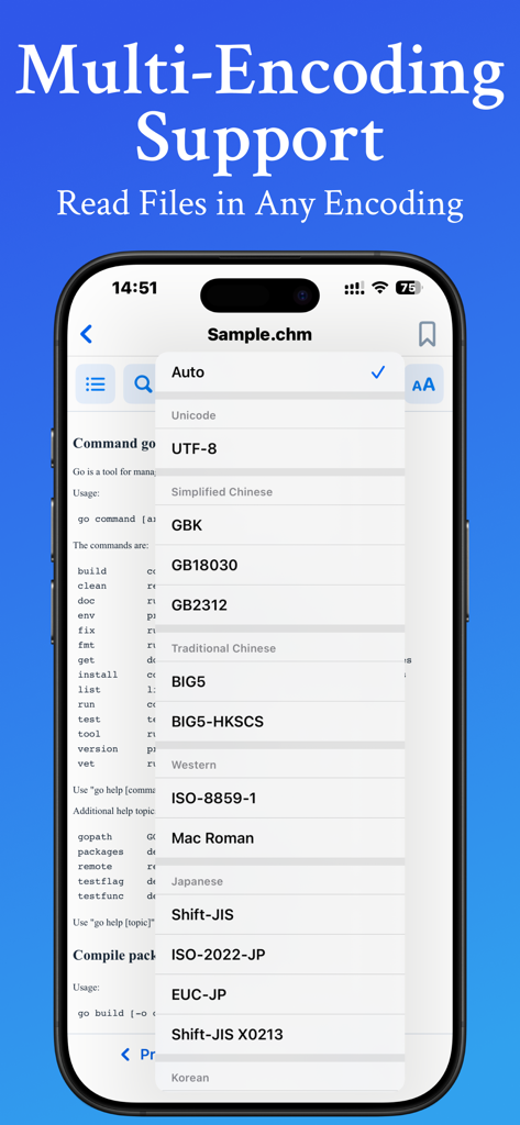 Multi-encoding support menu in the CHM Reader and Viewer app showing options for UTF-8 GBK and more