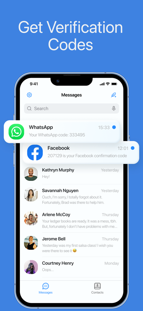 Application Text Us montrant des codes de vérification SMS pour WhatsApp et Facebook