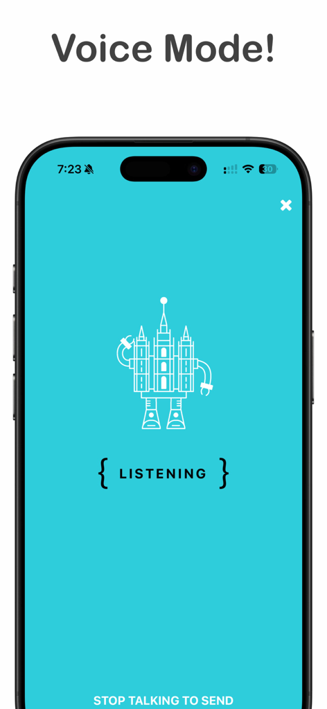 LDSBot - Interfaz del modo de voz de LDSBot que muestra una ilustración de un robot con temática de templo y un indicador de estado de escucha.