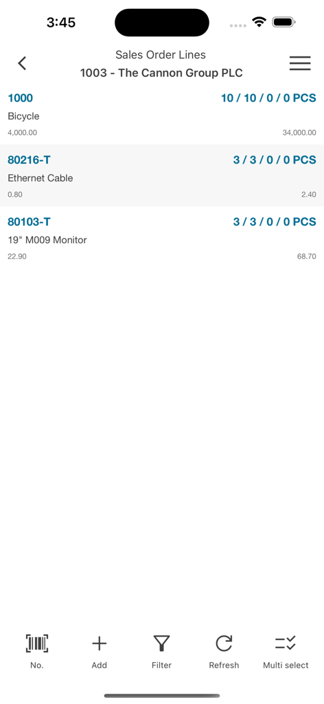 Applicazione mobile MobileNAV che visualizza le righe dell'ordine di vendita per un cliente specifico con quantità articolo e prezzi unitari