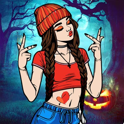 realistic teenage girl with braids and a beanie and crop top doing 🫶🏼