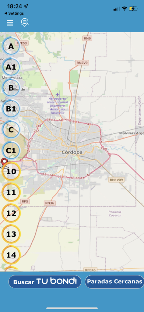 Real-time bus route map on the Tu Bondi Cba mobile app interface