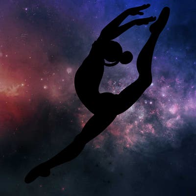 gymnast doing a leap in a leotard with a bent back leg