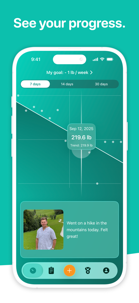 Scelta: Weight Loss Tracker - Weight tracking progress screen in Scelta showing linear regression trend and photo log