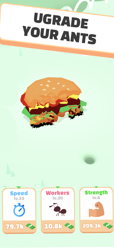 Idle Ants - Simulator Game - A gameplay screenshot of Idle Ants showing a colony of ants devouring a hamburger and an upgrade menu for speed, workers, and strength.