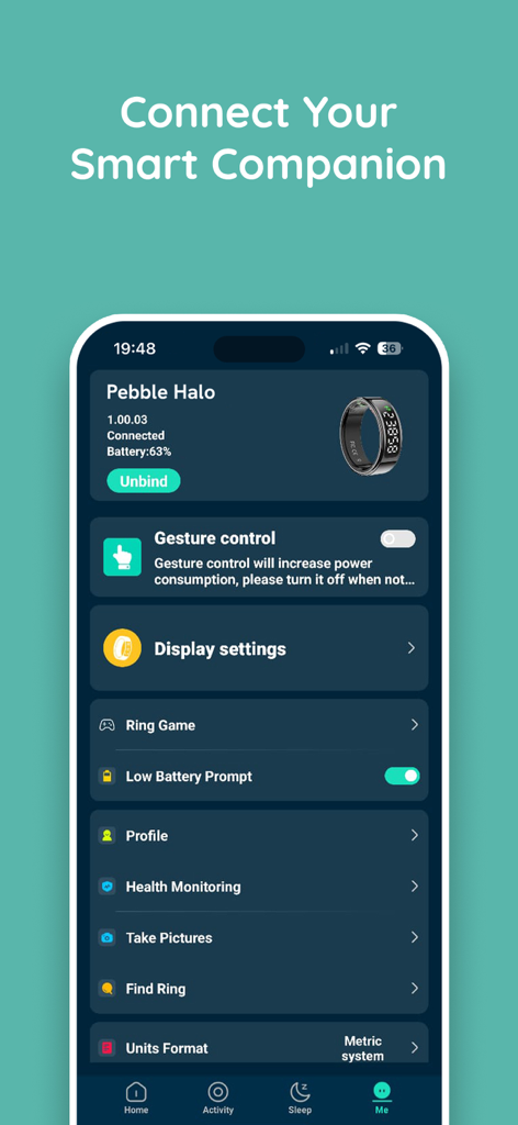 Pebble Halo - Pebble Halo app settings interface showing connected smart ring status and health tracking options
