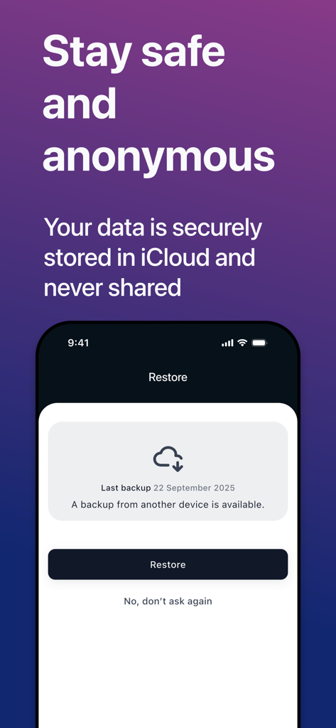 Pantalla de seguridad y restauración de copia de seguridad de iCloud en la aplicación Rastreador de Deudas y Ahorros