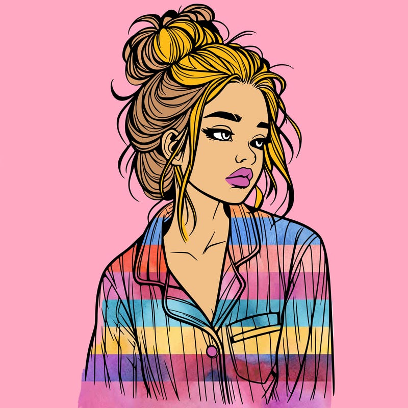 realistic woman with pajamas on and a messy bun