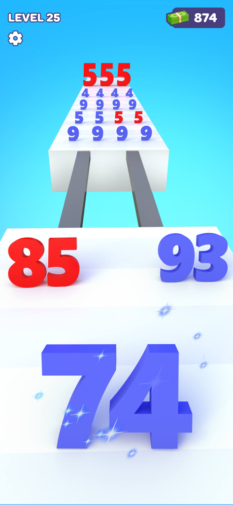 Una pantalla de juego de Number Run and Merge Master que muestra un personaje de número azul 74 corriendo en una pista hacia otros números