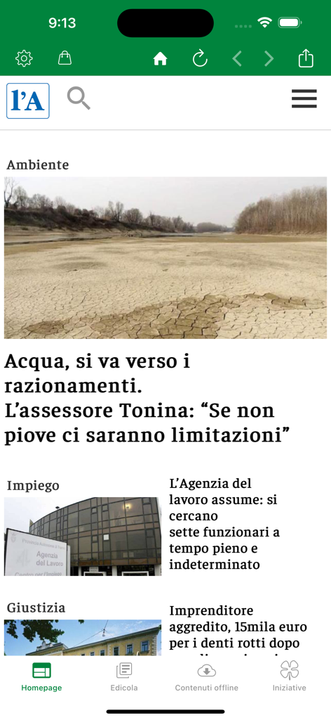 Página inicial do aplicativo móvel lAdige quotidiano mostrando notícias locais da região do Trentino na Itália