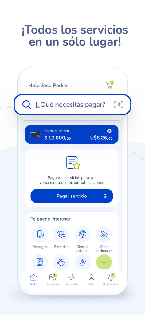 Miredpagos - Miredpagos app home screen for managing Uruguayan bills and money transfers