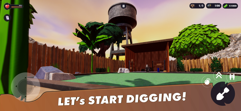 Treasure Core: Dig & Discover - Treasure Core game starting screen showing an outdoor yard with a water tower and the text lets start digging