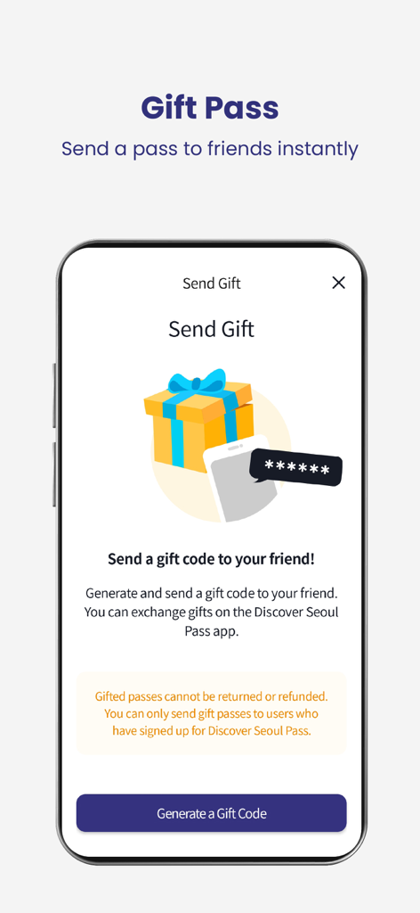 Discover Seoul Pass - Interface of the Discover Seoul Pass app showing the Gift Pass feature to send a pass to a friend