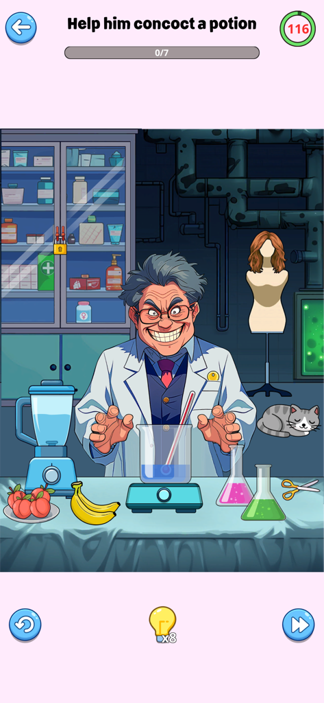 Brain Up - Drama Puzzle Game - A mad scientist in a laboratory with various objects like fruit and beakers for a potion making puzzle in Brain Up.