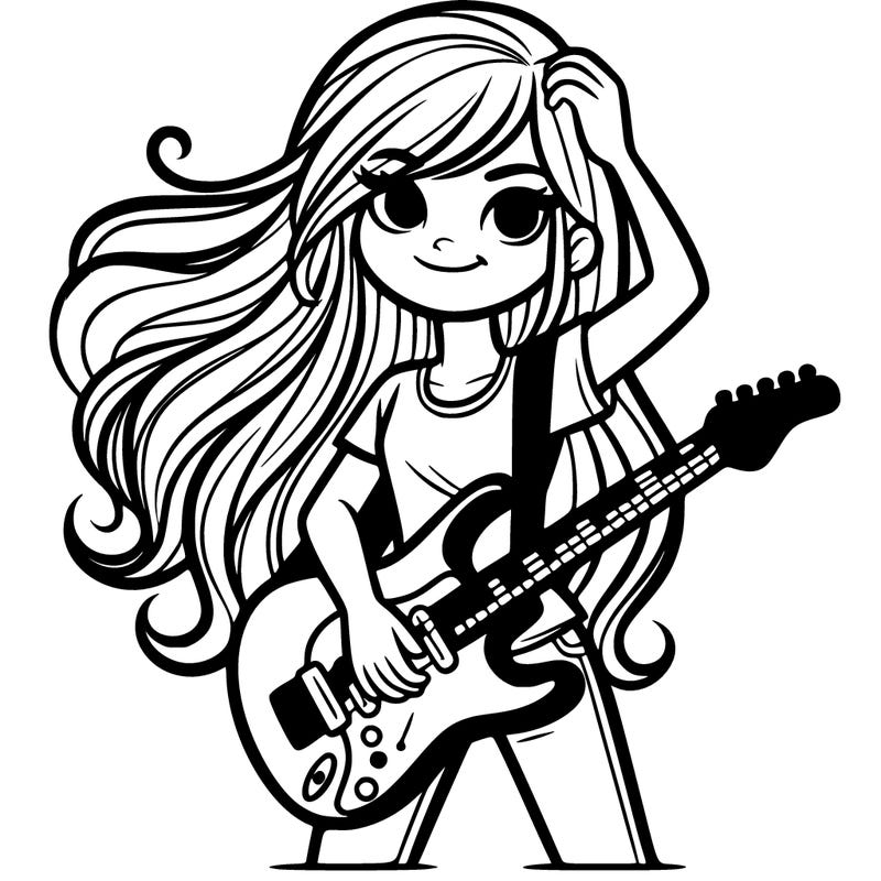 teenage girl with long hair and a rock guitar