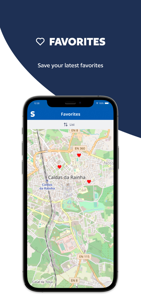 SUPERCASA - A mobile screen showing the SUPERCASA app favorites feature with properties marked on a map of Caldas da Rainha Portugal