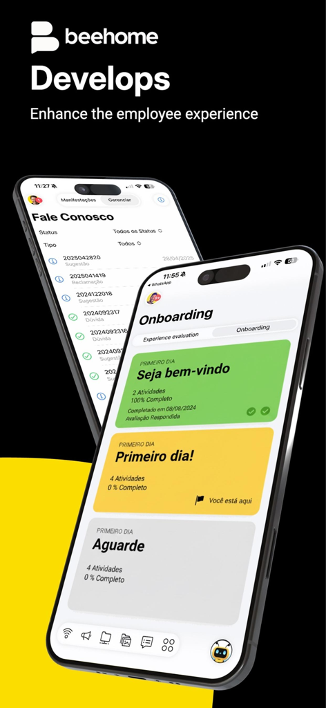 Beehome - Employee Workspace - Beehome app interface showcasing employee onboarding steps and the Develops module features.