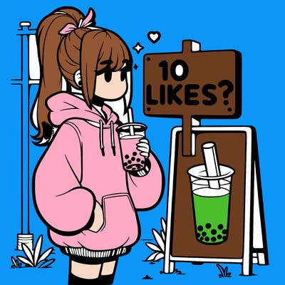 girl with oversized hoodie drinking boba and she has a high ponytail with a sign that says 10likes?