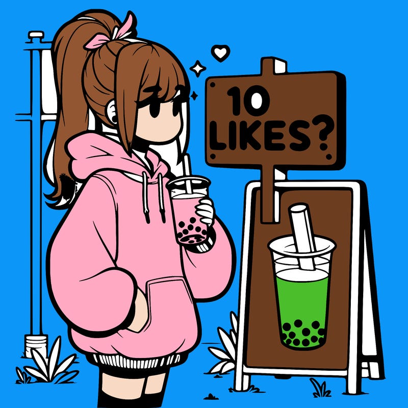 girl with oversized hoodie drinking boba and she has a high ponytail with a sign that says 10likes?