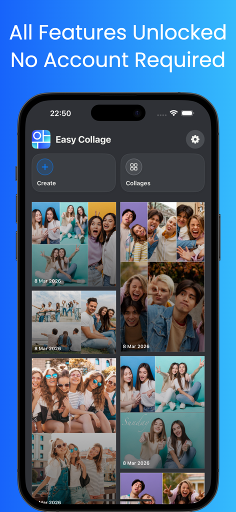 Easy Collage - Photo Grids - Interface de l'application Easy Collage affichant diverses grilles photo et un texte soulignant que toutes les fonctionnalités sont débloquées sans compte requis.