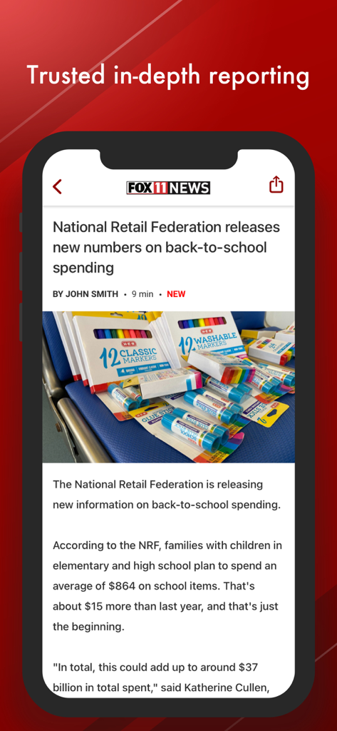 WLUK FOX 11 news app showing a local news article about back to school spending.
