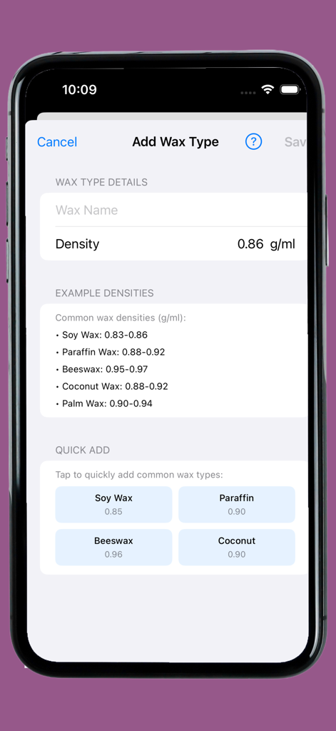 Interface for adding wax types in The Candle Maker Calculator app showing density examples for soy, paraffin, and beeswax.
