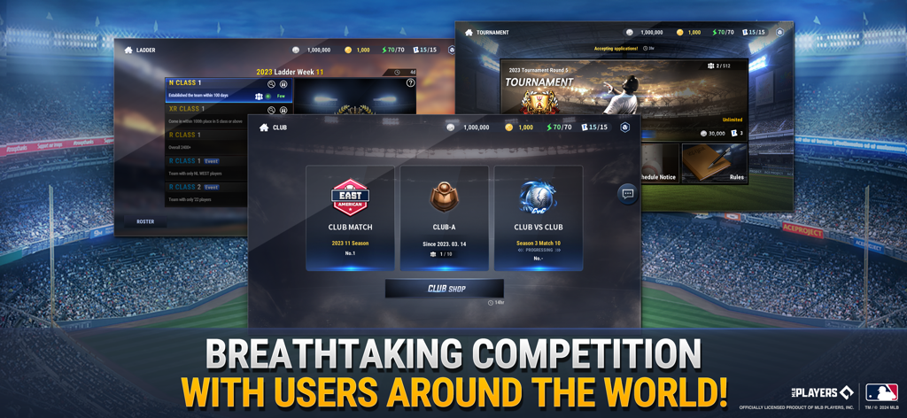 MLB 9 Innings GM - Pantallas de MLB 9 Innings GM mostrando modos de juego competitivos incluyendo partidos de club, torneos y ligas de clasificación