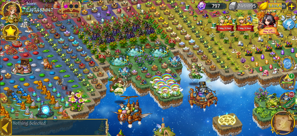 A colorful and detailed home base in Dragon and Elfs showing various merged items and magical characters on floating islands.