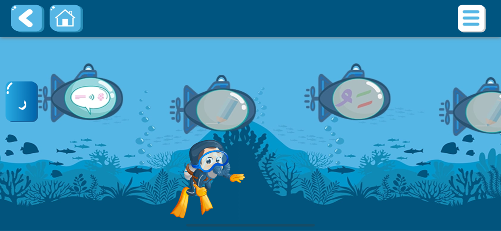 Takallam - Interfaz de la aplicación Takallam con un juego de aprendizaje temático submarino para niños con un personaje de buzo de dibujos animados y submarinos que representan diferentes lecciones