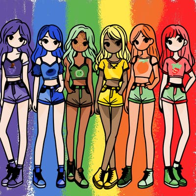 a group of girls wearing crop tops and shorts