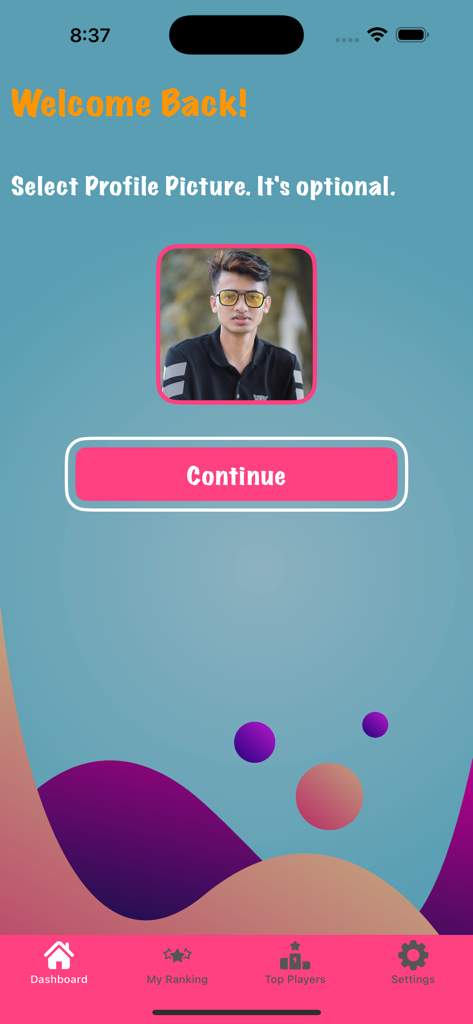 Robz - Robz app welcome back screen with a profile picture selection option and a continue button