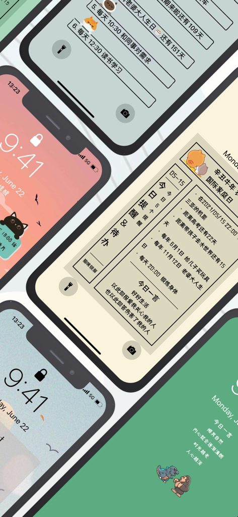 A collage of iPhone lock screens featuring personalized todo lists and cute cat themes