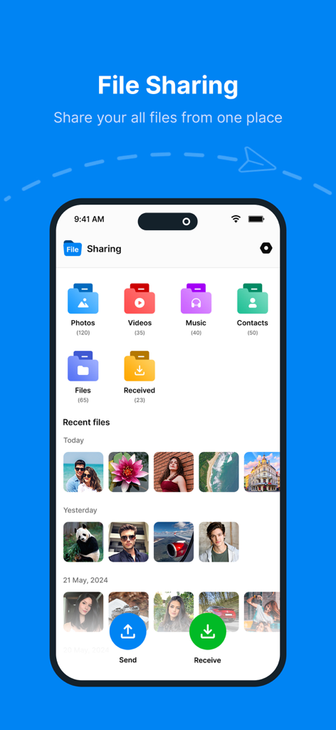 Panel principal de la aplicación ShareMe que muestra categorías de archivos para fotos, videos, música y contactos con botones de enviar y recibir