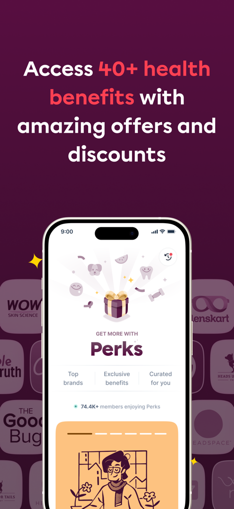 Plum: Health Benefits - Plum mobile app interface showing health benefits and exclusive employee perks