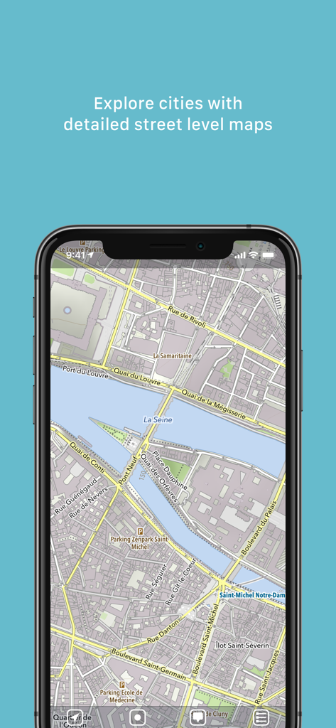 MapOut - Smartphone screen showing a detailed street level map of Paris with the Seine river and landmarks