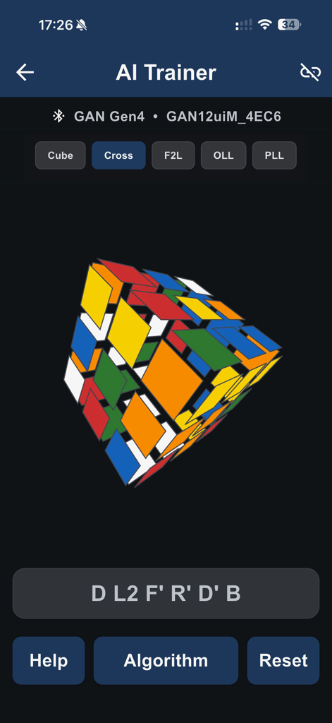 AI Trainer interface for Rubik's cube cross training with smart cube integration and 3D visualization.