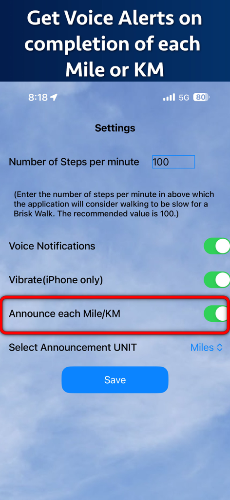 Brisk Walking Tracker - Brisk Walking Tracker app settings screen showing distance voice alerts and pace configuration