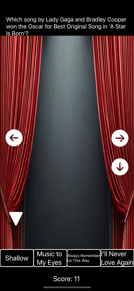 Movie Quiz Trio - Pantalla de pregunta de trivia de películas sobre la película A Star Is Born con fondo de cortina de teatro