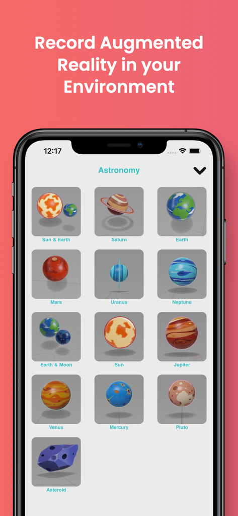A selection of 3D planetary models within the AR Vid app interface