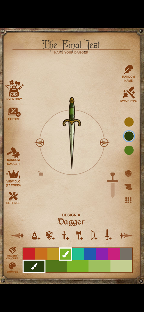 Instant Armory - Customization screen for a fantasy dagger called The Final Jest in the Instant Armory app