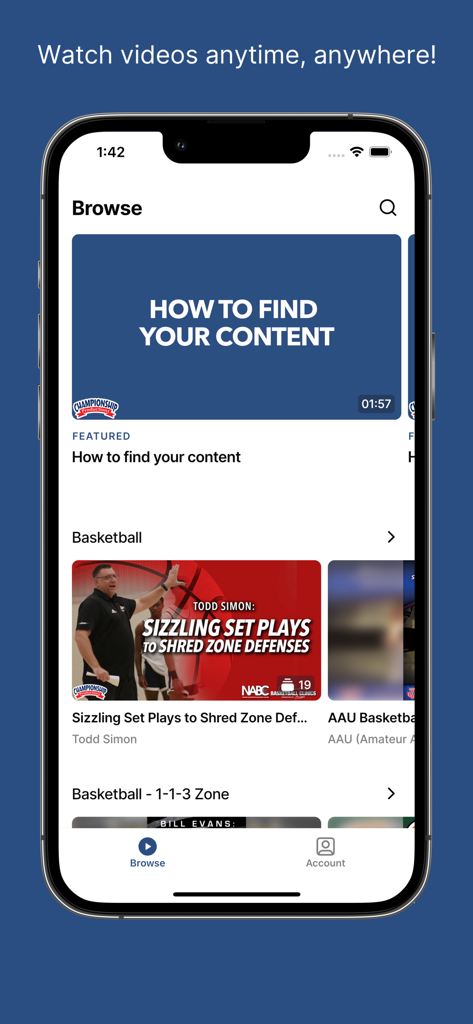 Championship Productions app browse screen showing basketball coaching videos and set plays