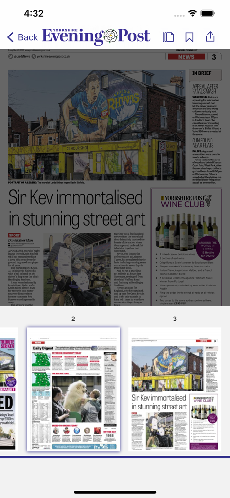 Digital replica of The Yorkshire Evening Post newspaper app showing local news and sports articles