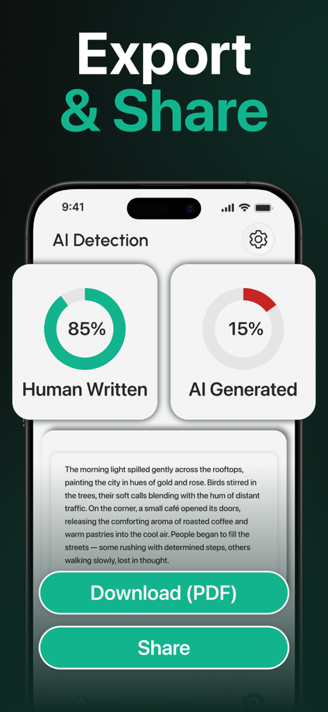 AI Detector : Text Humanizer - AI Detector app interface showing high human written score and share buttons