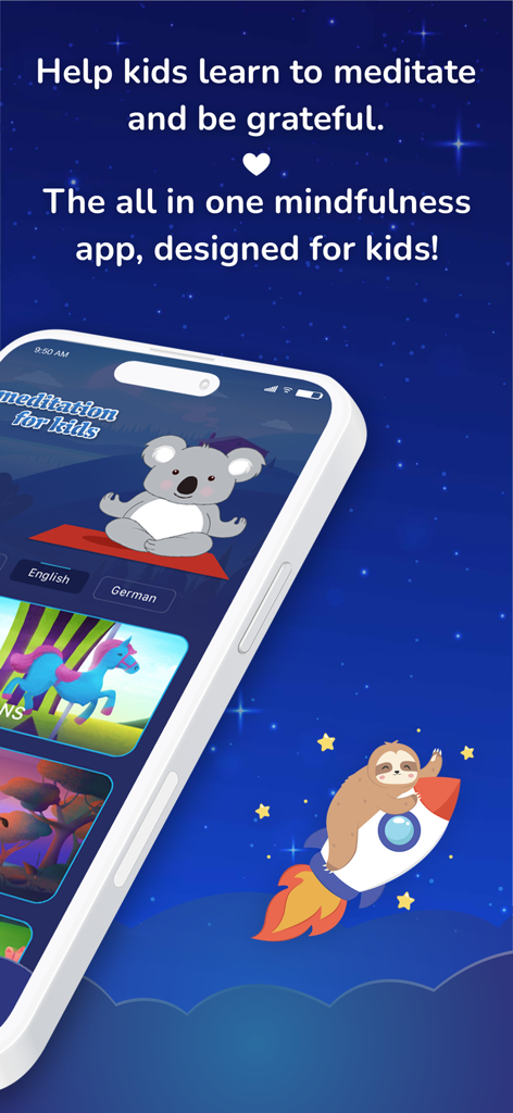 Meditation for Kids Sleep - Smartphone displaying the Meditation for Kids app interface with a meditating koala and starry night background