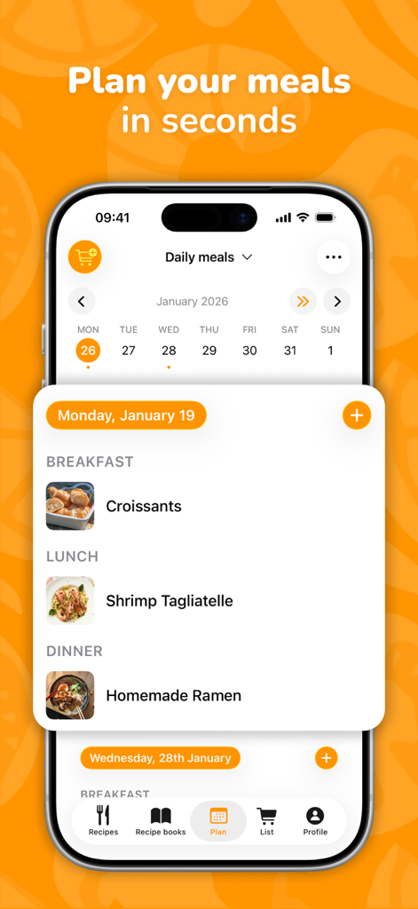 Interface of the CookNest app showing a daily meal plan with breakfast lunch and dinner recipes scheduled on a calendar.