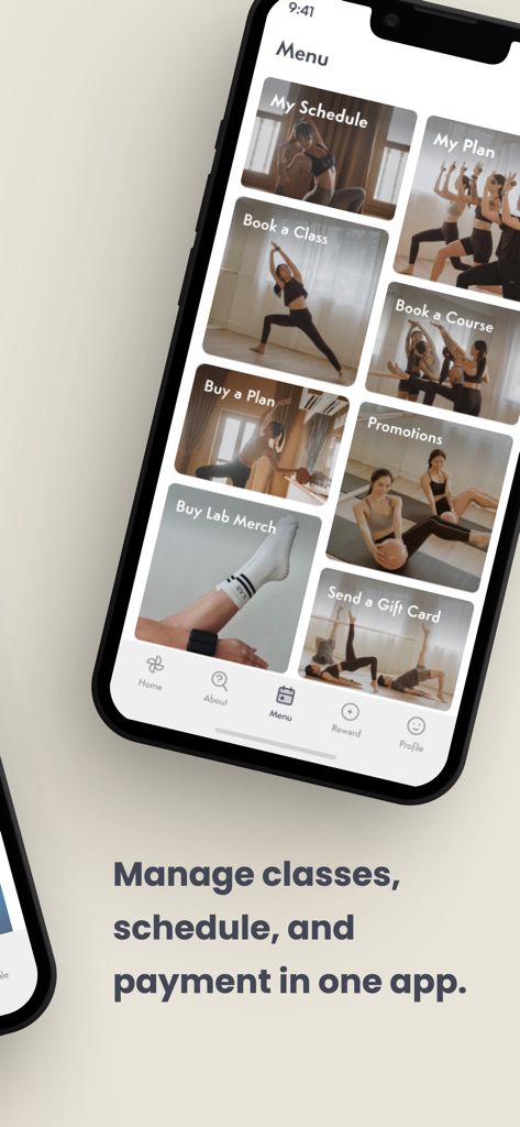 Lab Studios - Lab Studios mobile app interface showing menu options for booking classes and managing schedules