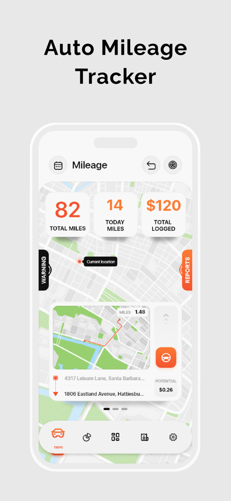 A mobile app screen showing automatic mileage tracking with a map route and total miles logged for business expenses
