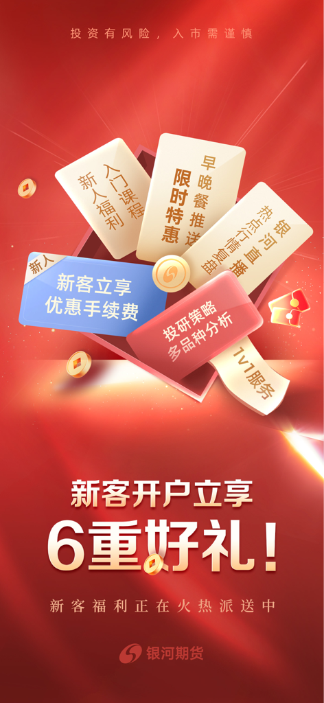 银河期货开户交易-专业期货投资软件 - Tela promocional da Galaxy Futures destacando seis recompensas para novas aberturas de conta