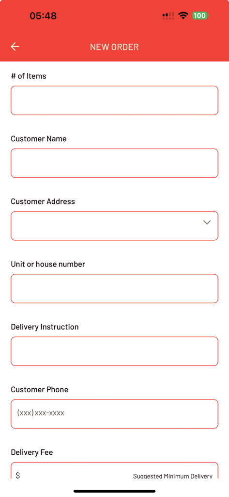 ChopChop - Un écran mobile montrant un formulaire de nouvelle commande dans l'application ChopChop pour entrer le nom du client, l'adresse et les instructions de livraison